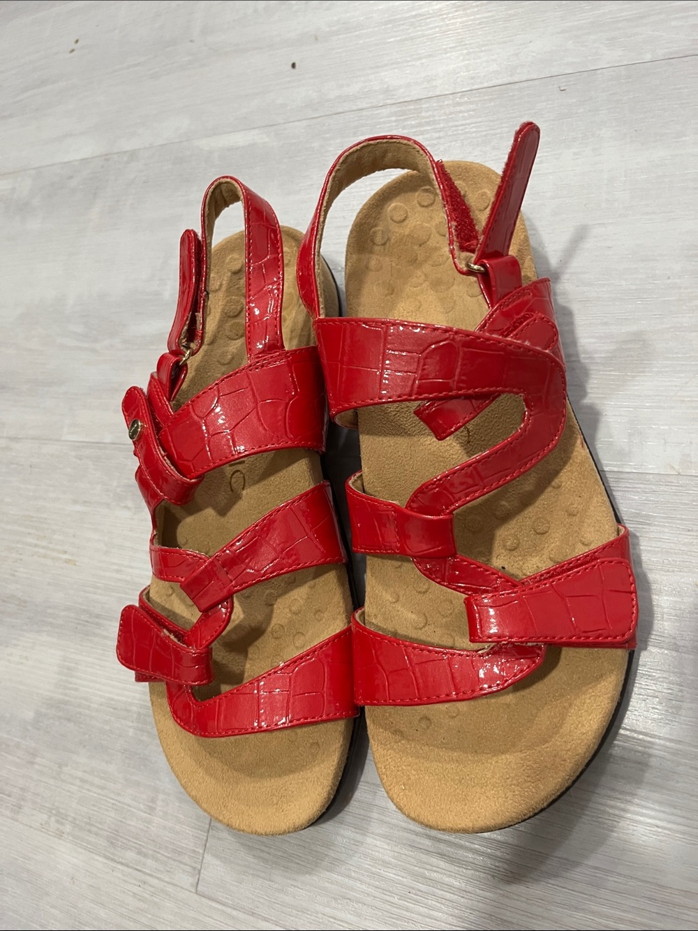 Vionic Paros Red Leather Croc-Texture Strappy Sandals